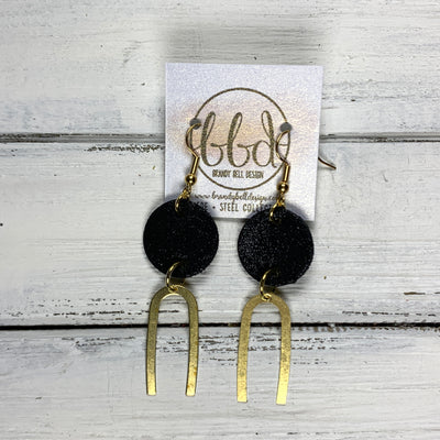 IRIS  ||  Leather Earrings || GOLD BRASS U-SHAPE, <BR> SHIMMER BLACK