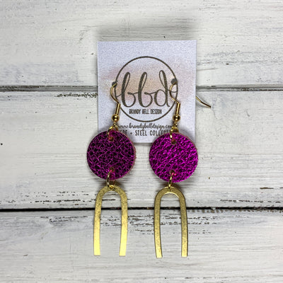 IRIS  ||  Leather Earrings || GOLD BRASS U-SHAPE, <BR> METALLIC NEON PINK PEBBLED