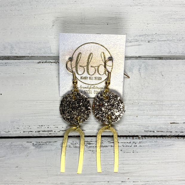 IRIS  ||  Leather Earrings || GOLD BRASS U-SHAPE, <BR> GOLD GLITTER ON CORK