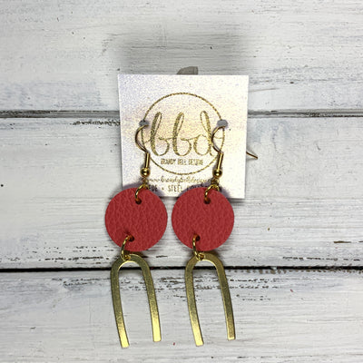 IRIS  ||  Leather Earrings || GOLD BRASS U-SHAPE, <BR> MATTE CORAL/PINK