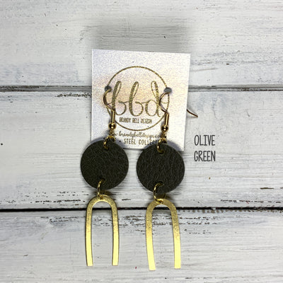 IRIS  ||  Leather Earrings || GOLD BRASS U-SHAPE, <BR> MATTE OLIVE GREEN