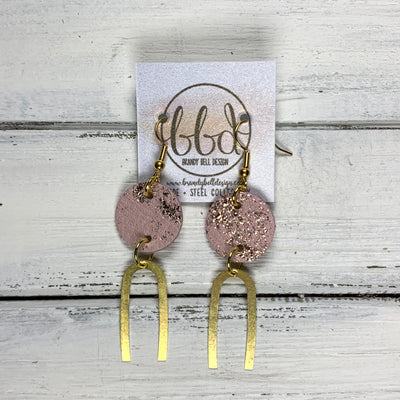 IRIS  ||  Leather Earrings || GOLD BRASS U-SHAPE, <BR> PINK WITH ROSE GOLD NORTHERN LIGHTS