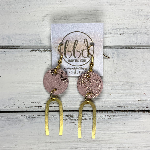 IRIS  ||  Leather Earrings || GOLD BRASS U-SHAPE, <BR> PINK WITH ROSE GOLD NORTHERN LIGHTS