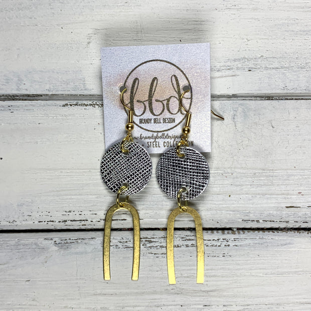 IRIS  ||  Leather Earrings || GOLD BRASS U-SHAPE, <BR> METALLIC SILVER SAFFIANO