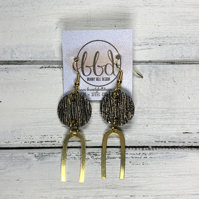 IRIS  ||  Leather Earrings || GOLD BRASS U-SHAPE, <BR> GOLD & SILVER THREADS ON CORK