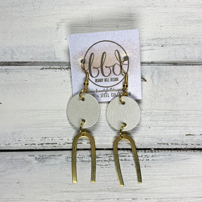 IRIS  ||  Leather Earrings || GOLD BRASS U-SHAPE, <BR> PEARL WHITE