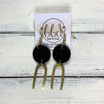 IRIS  ||  Leather Earrings || GOLD BRASS U-SHAPE, <BR> SHIMMER BLACK DOTS