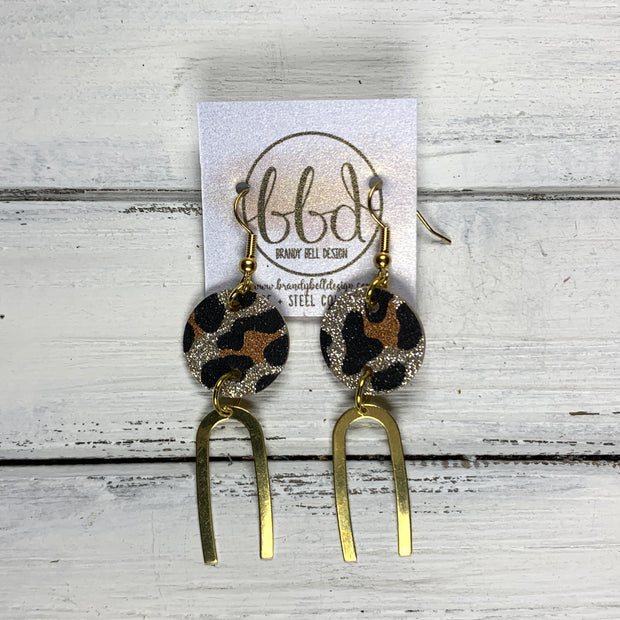 IRIS  ||  Leather Earrings || GOLD BRASS U-SHAPE, <BR> GOLD GLITTER CHEETAH ON CORK