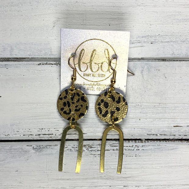 IRIS ||  Leather Earrings || GOLD BRASS U-SHAPE, <BR> METALLIC GOLD CHEETAH
