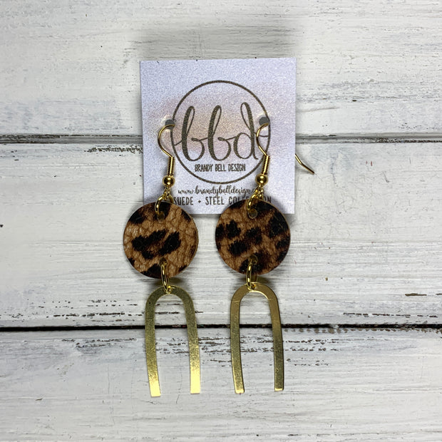 IRIS  ||  Leather Earrings || GOLD BRASS U-SHAPE, <BR> CHEETAH PRINT