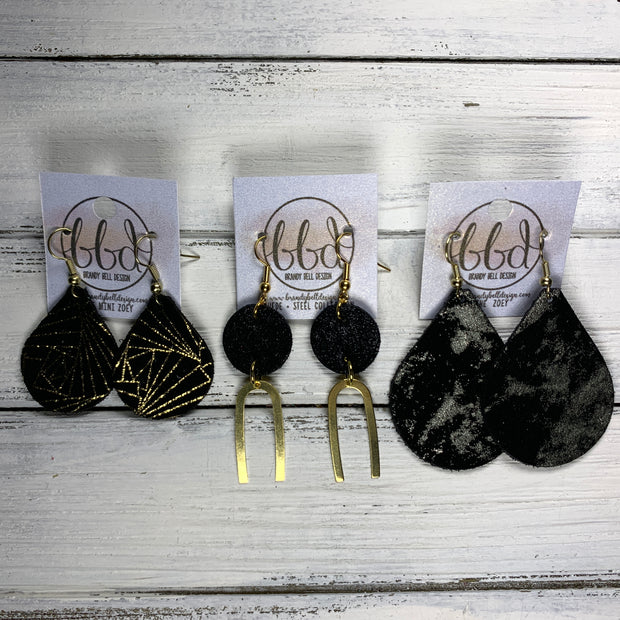 IRIS  ||  Leather Earrings || GOLD BRASS U-SHAPE, <BR> METALLIC ROSE GOLD PEBBLED