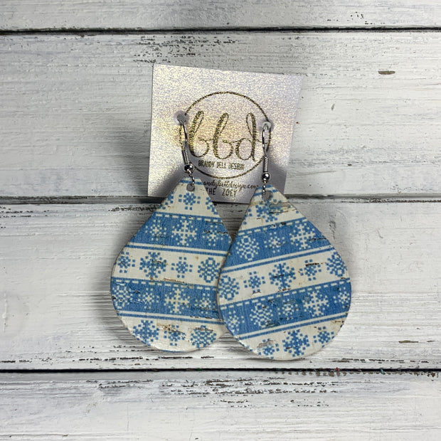 ZOEY (3 sizes available!) Leather Earrings  ||  <BR> BLUE & WHITE SNOWFLAKE SWEATER ON CORK
