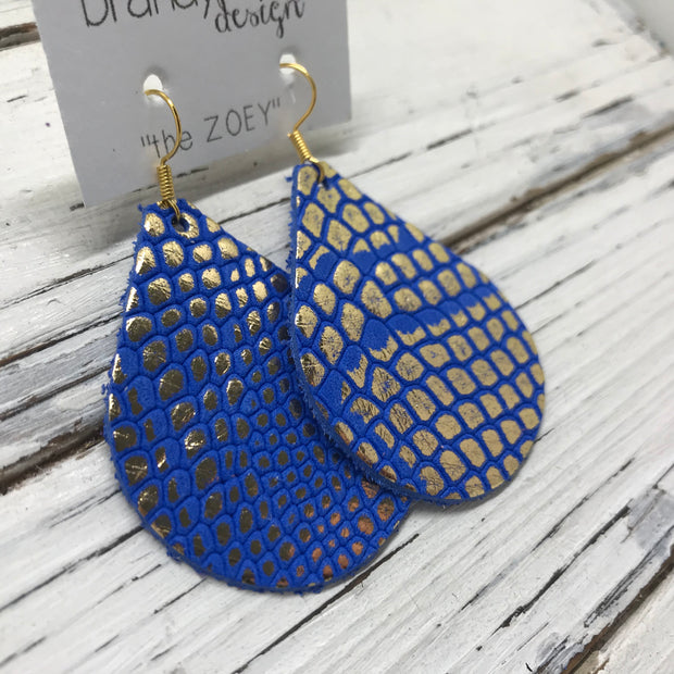 ZOEY (3 sizes available!) - Leather Earrings   || BLUE WITH METALLIC GOLD PYTHON