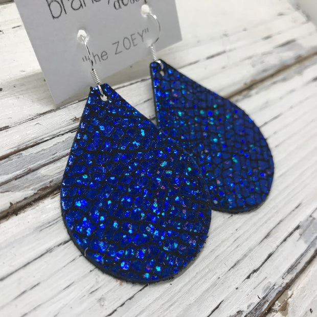 ZOEY (3 sizes available!) - Leather Earrings   ||  METALLIC IRIDESCENT BLUE CRACKED