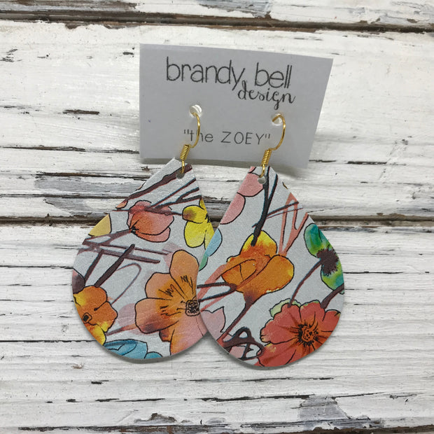 ZOEY (3 sizes available!) - Leather Earrings   ||  ORANGE WATERCOLOR FLORAL