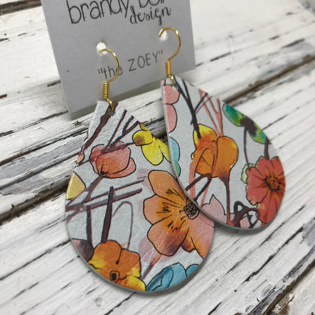 ZOEY (3 sizes available!) - Leather Earrings   ||  ORANGE WATERCOLOR FLORAL