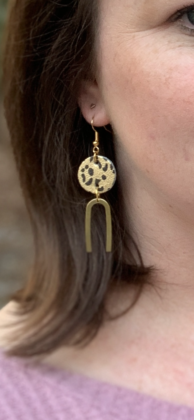 IRIS ||  Leather Earrings || GOLD BRASS U-SHAPE, <BR> METALLIC GOLD CHEETAH