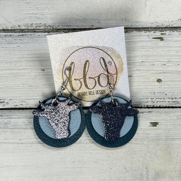 COW - Leather Earrings  ||   <BR> SHIMMER NAVY, <BR> MATTE LIGHT BLUE, <BR> MATTE DARK TEAL