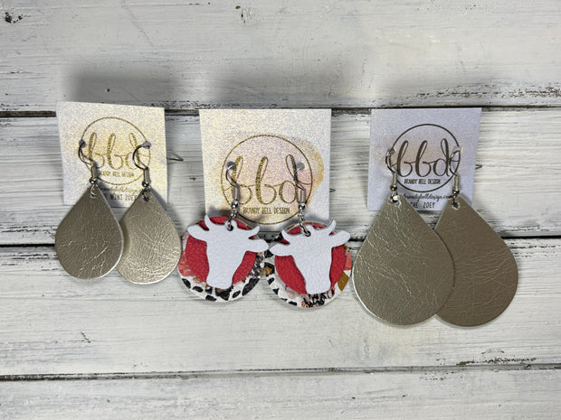 COW - Leather Earrings  ||   <BR> DISTRESSED BROWN, <BR> MATTE WHITE, <BR> MUDCLOTH PRINT
