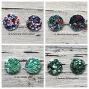 Poppy- 3 PACK (Choose your colors) - Glitter Stud Earrings SHOWN: CC: CHUNKY GREEN, AA: CHRISTMAS, BB: CHUNKY RED