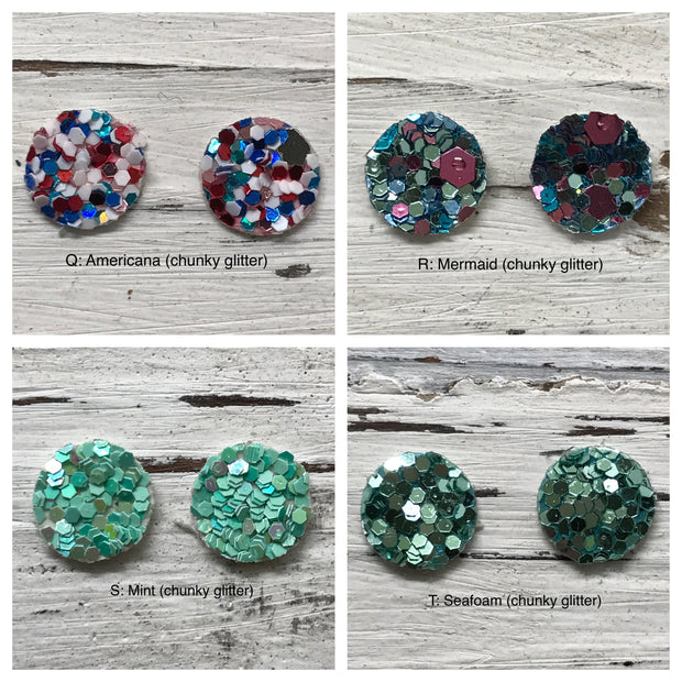 Poppy- 3 PACK (Choose your colors) - Glitter Stud Earrings SHOWN: CC: CHUNKY GREEN, AA: CHRISTMAS, BB: CHUNKY RED