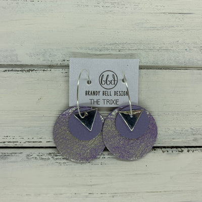 TRIXIE - Leather Earrings  ||    <BR> SILVER TRIANGLE, <BR> MATTE LAVENDER,  <BR> DISTRESSED PURPLE & SILVER