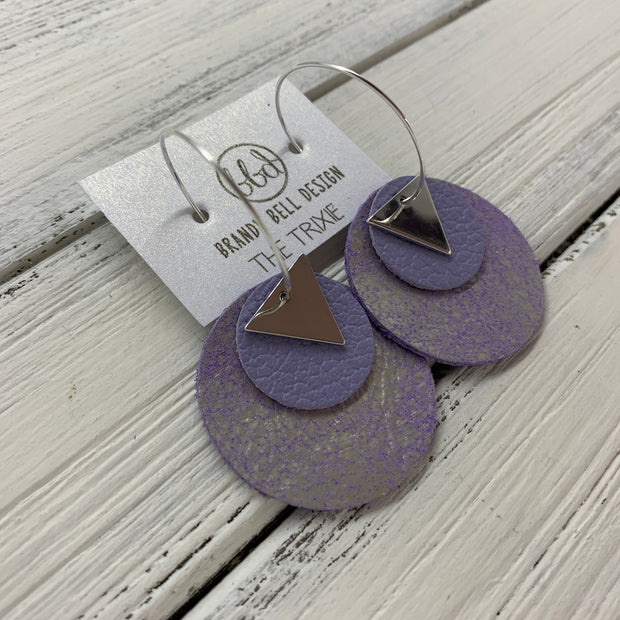 TRIXIE - Leather Earrings  ||    <BR> SILVER TRIANGLE, <BR> MATTE LAVENDER,  <BR> DISTRESSED PURPLE & SILVER