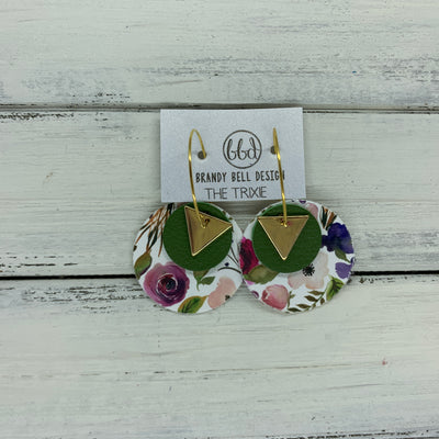 TRIXIE - Leather Earrings  ||    <BR> GOLD TRIANGLE, <BR> MATTE PALM GREEN,  <BR> PEONIES & ROSES (faux leather)