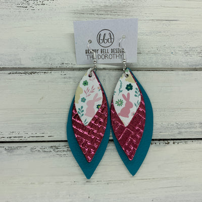 DOROTHY - Leather Earrings  ||  <BR> BUNNY SILHOUETTES (faux leather) <BR> METALLIC PINK PANAMA WEAVE, <BR> MATTE TEAL