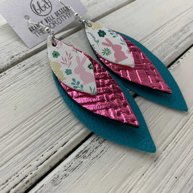 DOROTHY - Leather Earrings  ||  <BR> BUNNY SILHOUETTES (faux leather) <BR> METALLIC PINK PANAMA WEAVE, <BR> MATTE TEAL