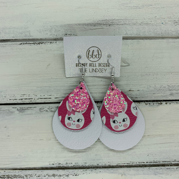 LINDSEY - Leather Earrings  ||   <BR>  BUBBLEGUM PINK GLITTER (FAUX LEATHER), <BR> PINK BUNNIES,  <BR> MATTE WHITE