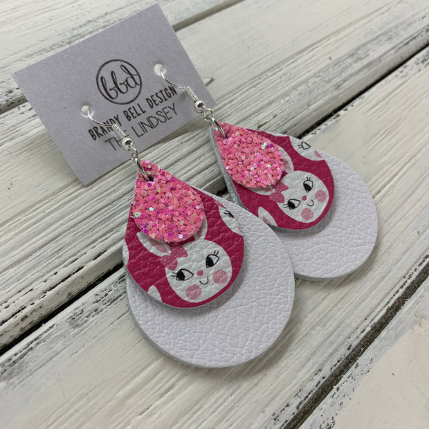 LINDSEY - Leather Earrings  ||   <BR>  BUBBLEGUM PINK GLITTER (FAUX LEATHER), <BR> PINK BUNNIES,  <BR> MATTE WHITE