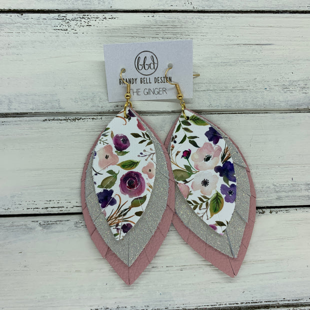 GINGER - Leather Earrings  ||  <BR>  PEONIES & ROSES (faux leather), <BR> SHIMMER ROSE GOLD, <BR> MATTE LIGHT PINK
