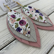 GINGER - Leather Earrings  ||  <BR>  PEONIES & ROSES (faux leather), <BR> SHIMMER ROSE GOLD, <BR> MATTE LIGHT PINK