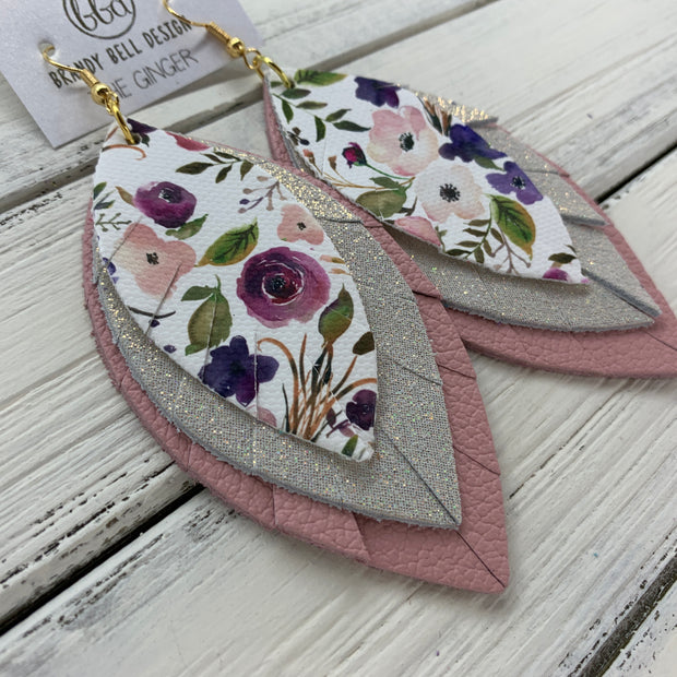 GINGER - Leather Earrings  ||  <BR>  PEONIES & ROSES (faux leather), <BR> SHIMMER ROSE GOLD, <BR> MATTE LIGHT PINK