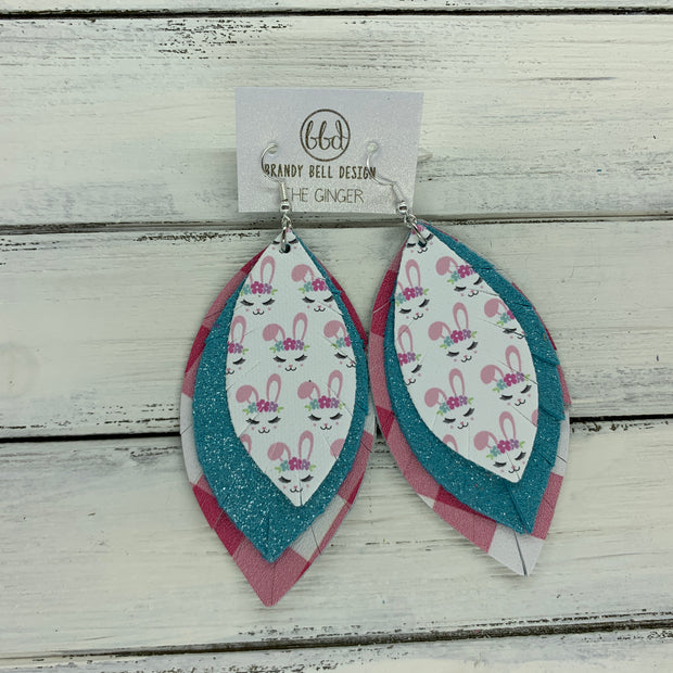 GINGER - Leather Earrings  ||  <BR>  BUNNY FACES (faux leather), <BR> SHIMMER AQUA BLUE, <BR> PINK & WHITE BUFFALO PLAID