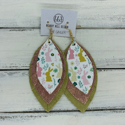 GINGER - Leather Earrings  ||  <BR>  BUNNY SILHOUETTES (faux leather), <BR> SHIMMER VINTAGE PINK, <BR> PEARLIZED OCHRE