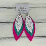 INDIA - Leather Earrings   ||  <BR>  BUNNY FACES (faux leather),  <BR> PEARLIZED AQUA COBRA, <BR> MATTE NEON PINK