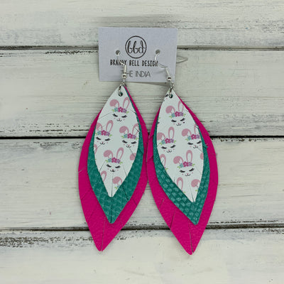 INDIA - Leather Earrings   ||  <BR>  BUNNY FACES (faux leather),  <BR> PEARLIZED AQUA COBRA, <BR> MATTE NEON PINK