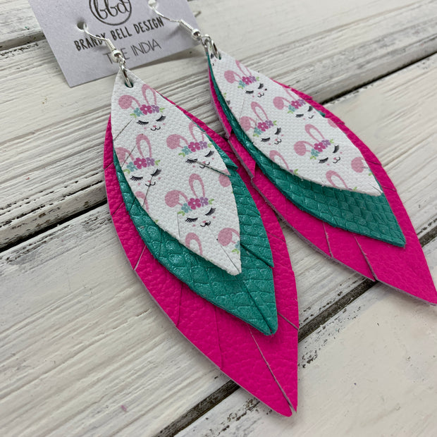 INDIA - Leather Earrings   ||  <BR>  BUNNY FACES (faux leather),  <BR> PEARLIZED AQUA COBRA, <BR> MATTE NEON PINK