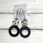 COCO -  Leather Earrings  ||  <BR> BLACK & WHITE SPOTS, <BR> SHIMMER BLACK