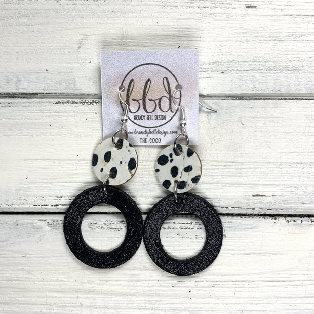 COCO -  Leather Earrings  ||  <BR> BLACK & WHITE SPOTS, <BR> SHIMMER BLACK