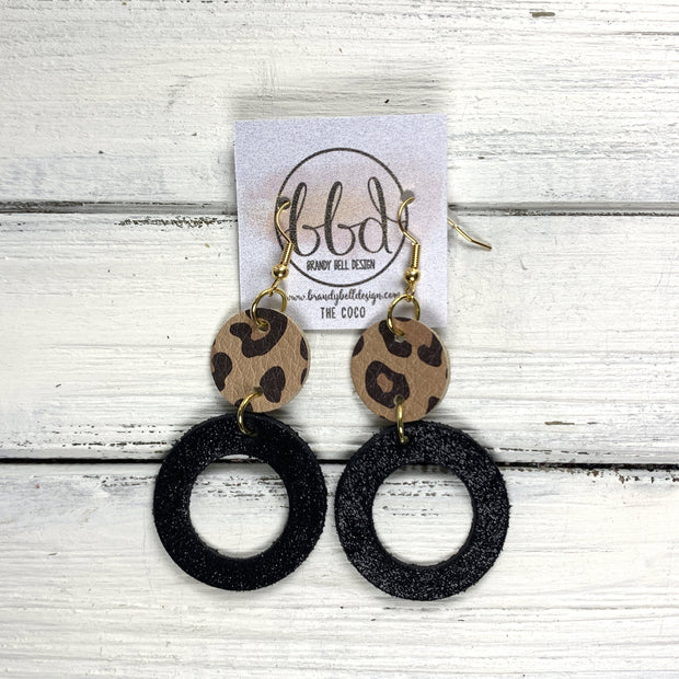 COCO -  Leather Earrings  ||  <BR> CARAMEL CHEETAH, <BR> SHIMMER BLACK