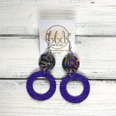 COCO -  Leather Earrings  ||  <BR> MULTICOLOR PALMS, <BR> PURPLE PALM