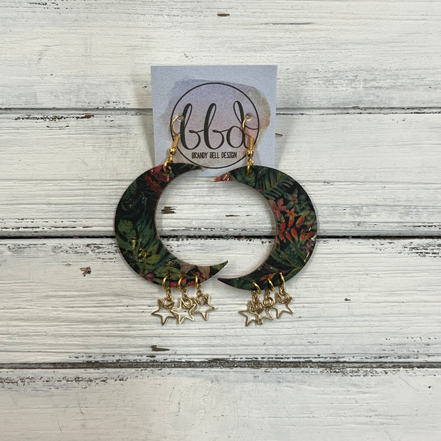 MOON (WITH OR WITHOUT) STAR DANGLES -  Leather Earrings  ||   <BR> TROPICAL PRINT ON BLACK(THICK CORK ON LEATHER) <BR> * AVAILABLE IN 2 SIZES