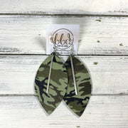 "RAISE THE BAR" <br> *3 SIZES AVAILABLE! <br> SUEDE + STEEL COLLECTION || Genuine  Leather Earrings || <BR>  FERN GREEN CAMOUFLAGE  *Choose size & bar finish!*