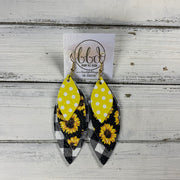 DOROTHY -  Leather Earrings  ||   <BR> BRIGHT YELLOW POLKADOTS, <BR> SUNFLOWERS ON BLACK, <BR> PETITE BLACK & WHITE BUFFALO PLAID