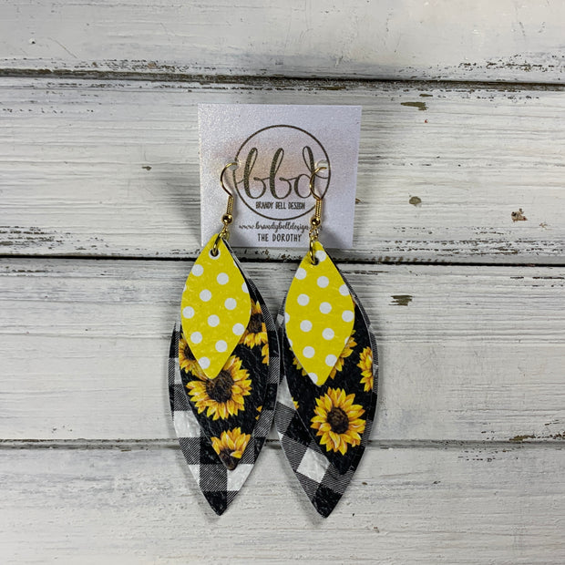 DOROTHY -  Leather Earrings  ||   <BR> BRIGHT YELLOW POLKADOTS, <BR> SUNFLOWERS ON BLACK, <BR> PETITE BLACK & WHITE BUFFALO PLAID