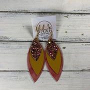 DOROTHY -  Leather Earrings  ||   <BR> PINK & GOLD GLITTER (FAUX LEATHER), <BR> MATTE MUSTARD, <BR> DISTRESSED SALMON