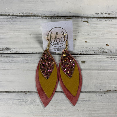 DOROTHY -  Leather Earrings  ||   <BR> PINK & GOLD GLITTER (FAUX LEATHER), <BR> MATTE MUSTARD, <BR> DISTRESSED SALMON